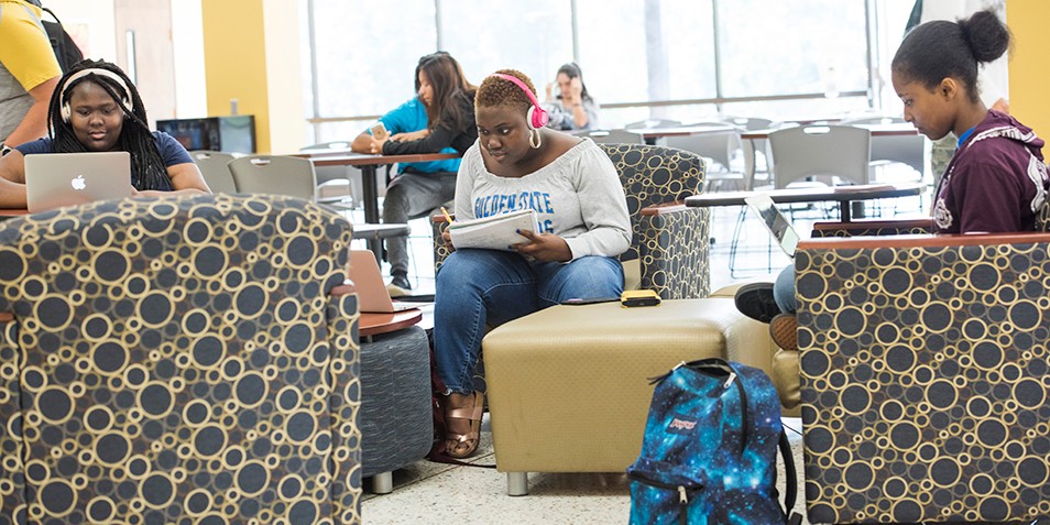 Students working together in student center