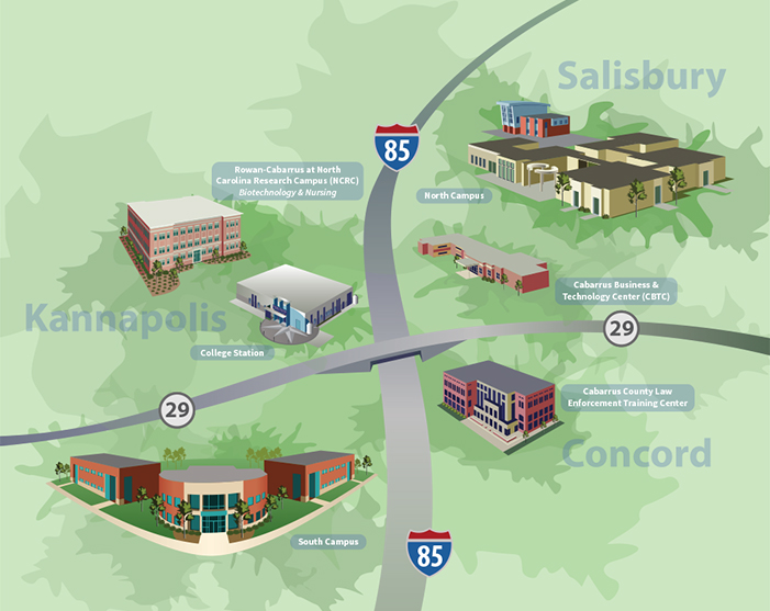 Graphic map of all Rowan-Cabarrus campuses