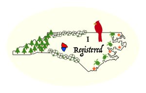I Registered Sticker Design Selected For Rowan County featuring the text I Registered inside an outline of NC white with illustrated state symbols